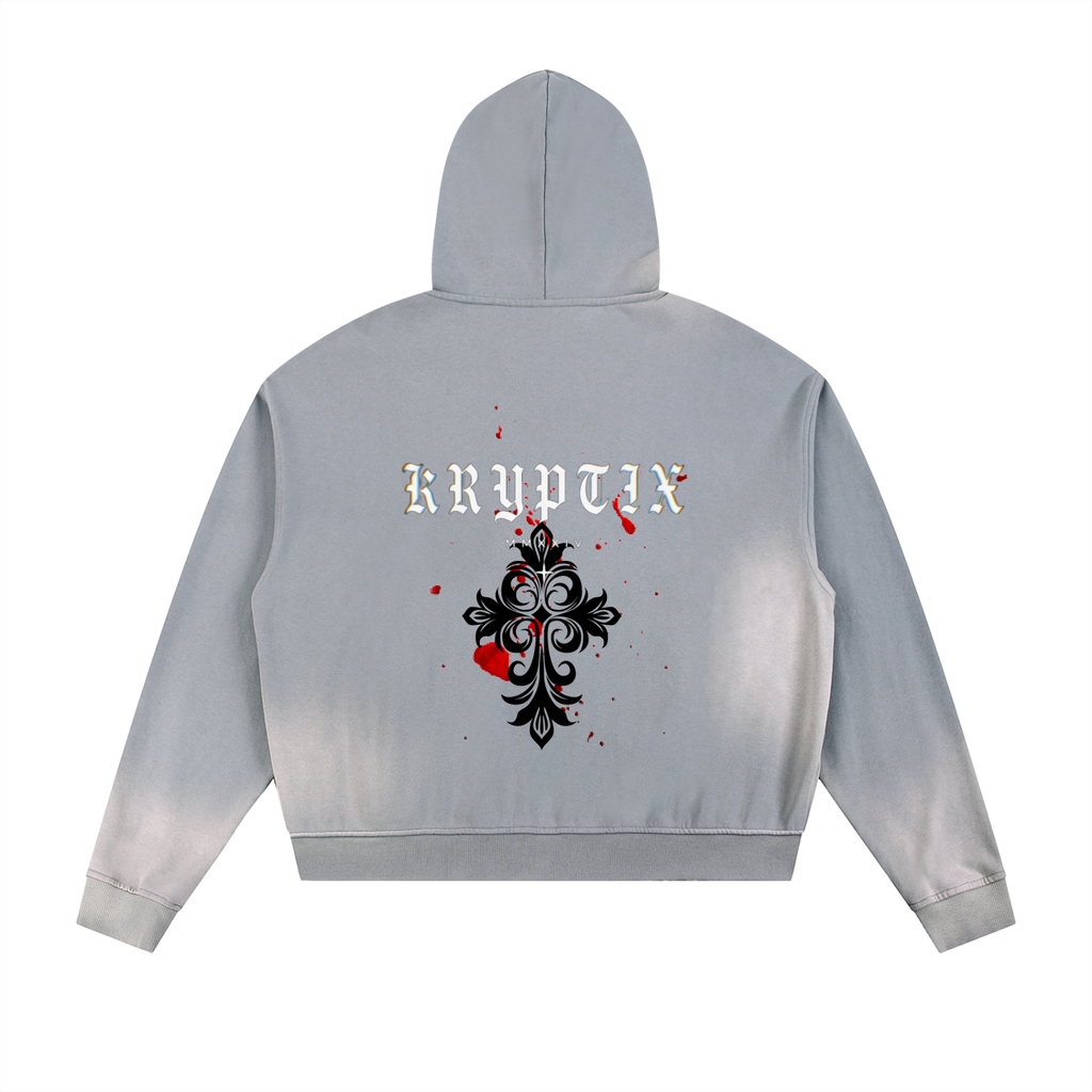 Kryptix-Sun Fade Frayed Raw Edge Fleece Zip Hoodie